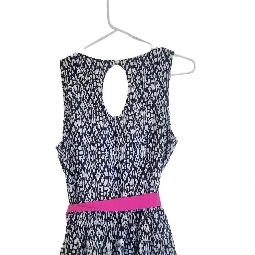 Eliza J Women's Navy & White Poly Print Colorful Striped Ribbons Pink Sash Sleev - Picture 9 of 14